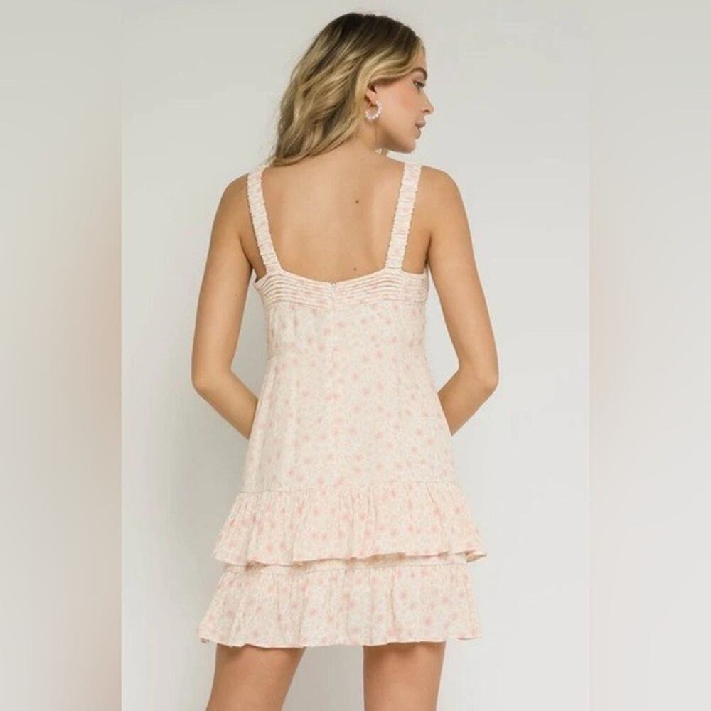 NWT Olivaceous Sansa Button Mini Dress Size L Ivory Peach Floral Ruffle Pleated